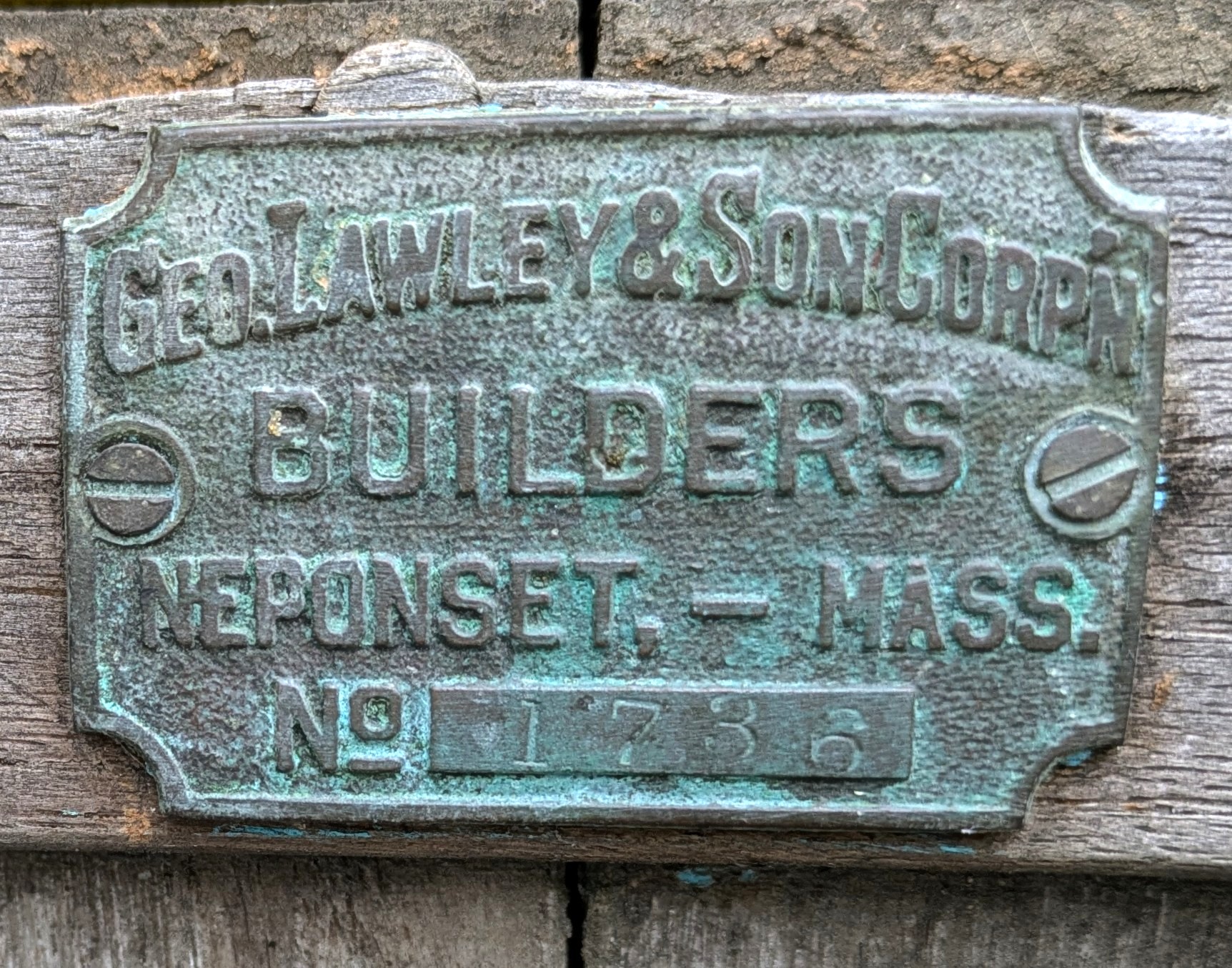Small brass plaque on the Lawley & Sons boat reading Geo. Lawley & Son Corp'n Builders Neponset, - Mass. No. 1736