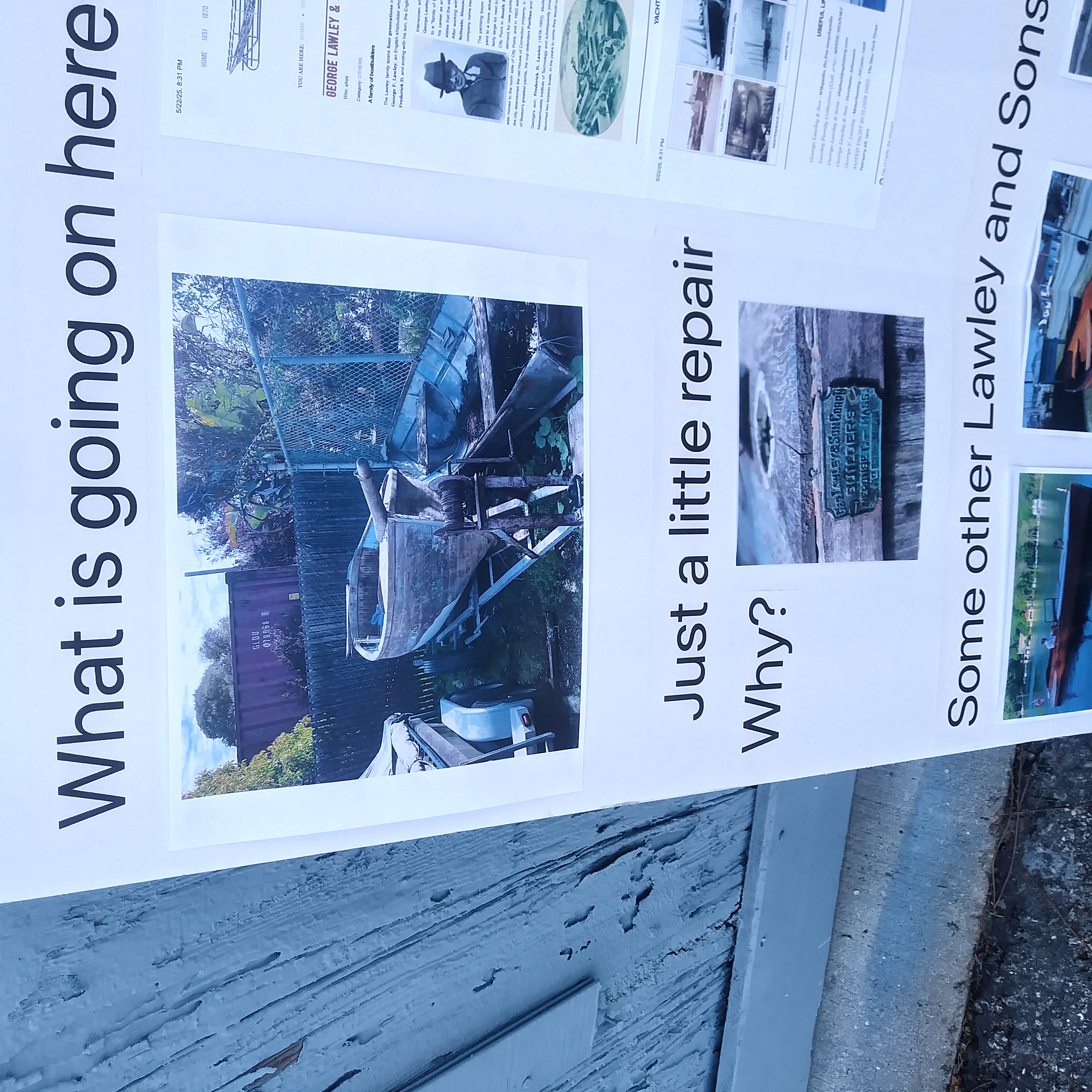 Part of a poster sumarrizing the history of the Lawley & Son boat and incentives for repair by SBYC member and boat expert Kelly Moyers