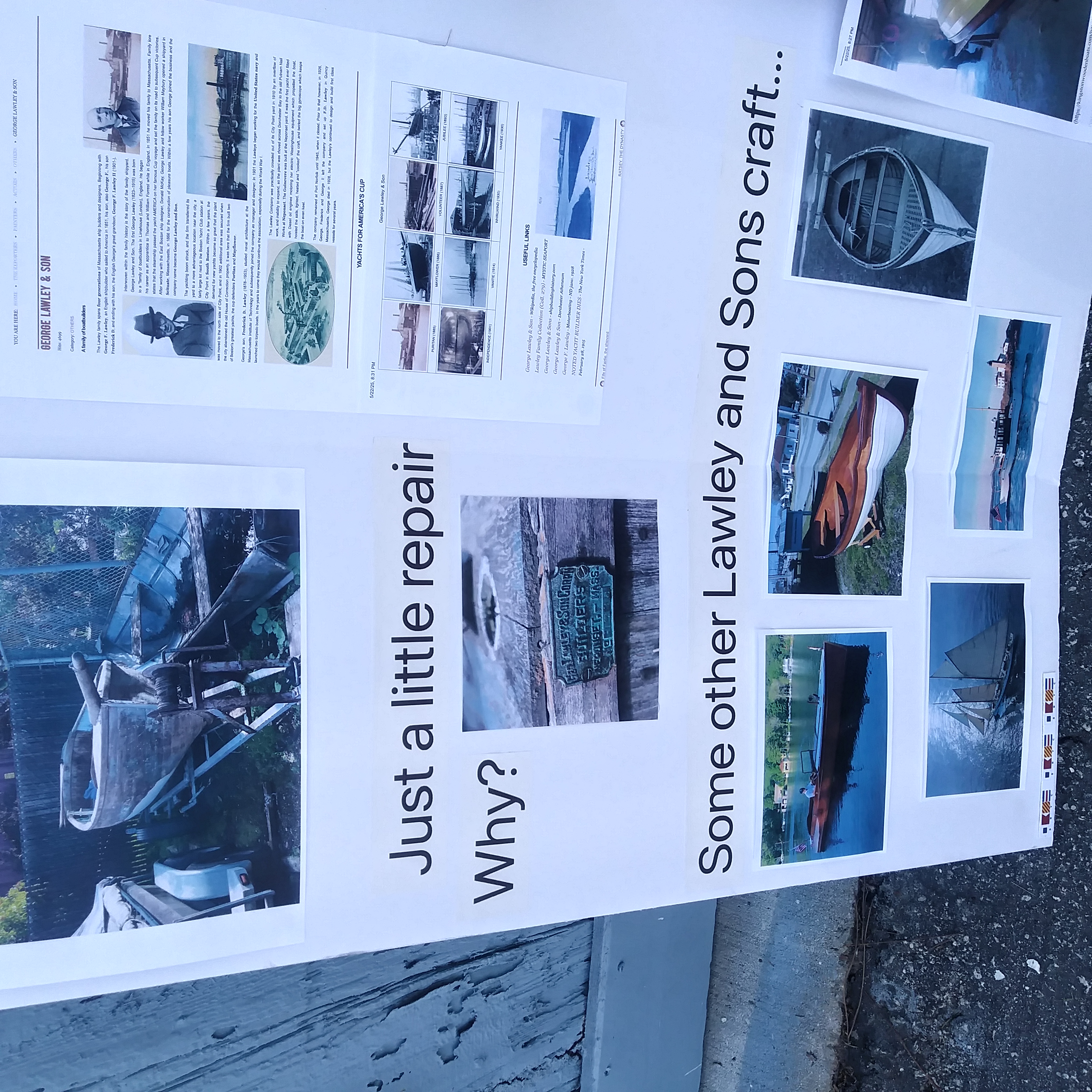 Part of a poster sumarrizing the history of the Lawley & Son boat and incentives for repair by SBYC member and boat expert Kelly Moyers