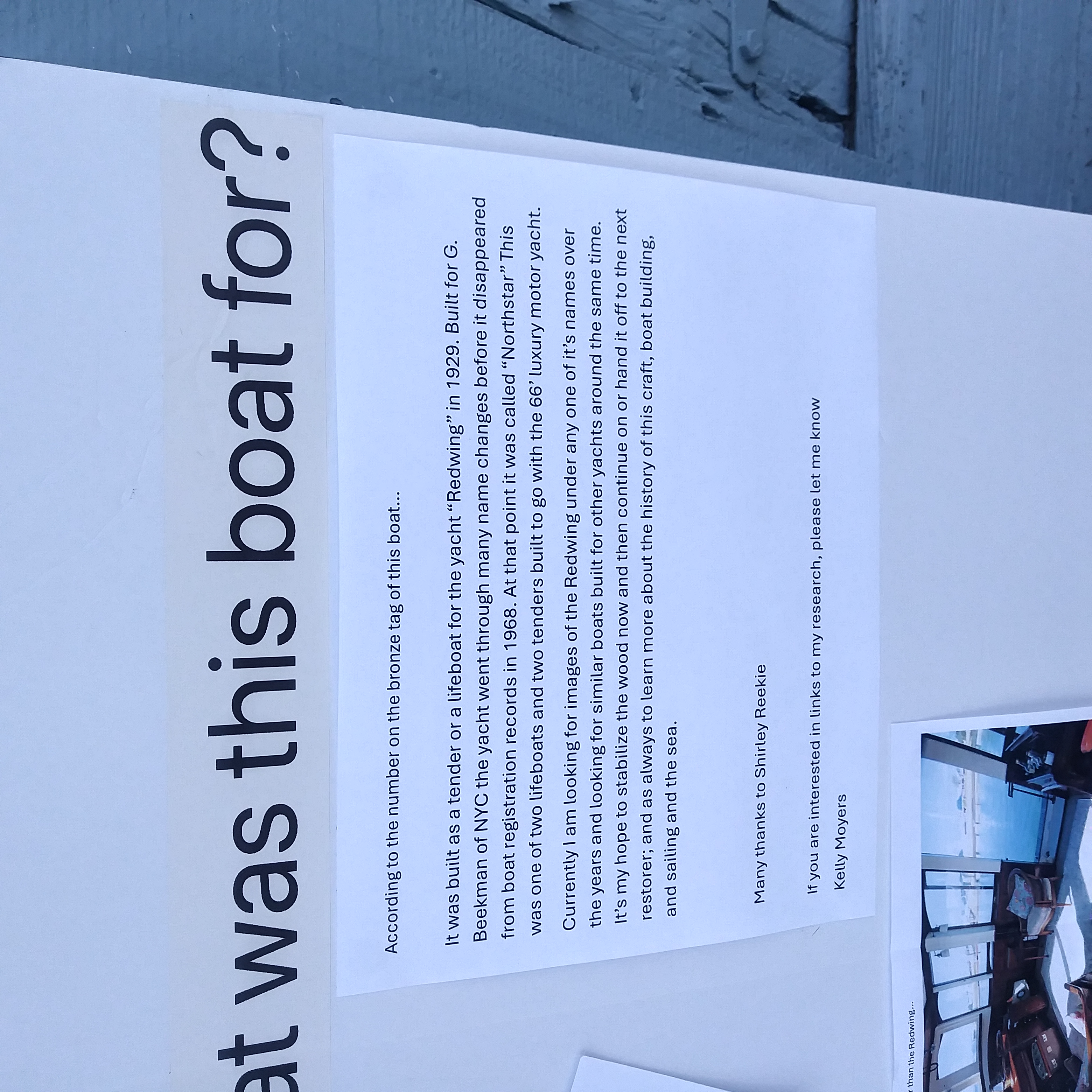 Part of a poster sumarrizing the history of the Lawley & Son boat and incentives for repair by SBYC member and boat expert Kelly Moyers