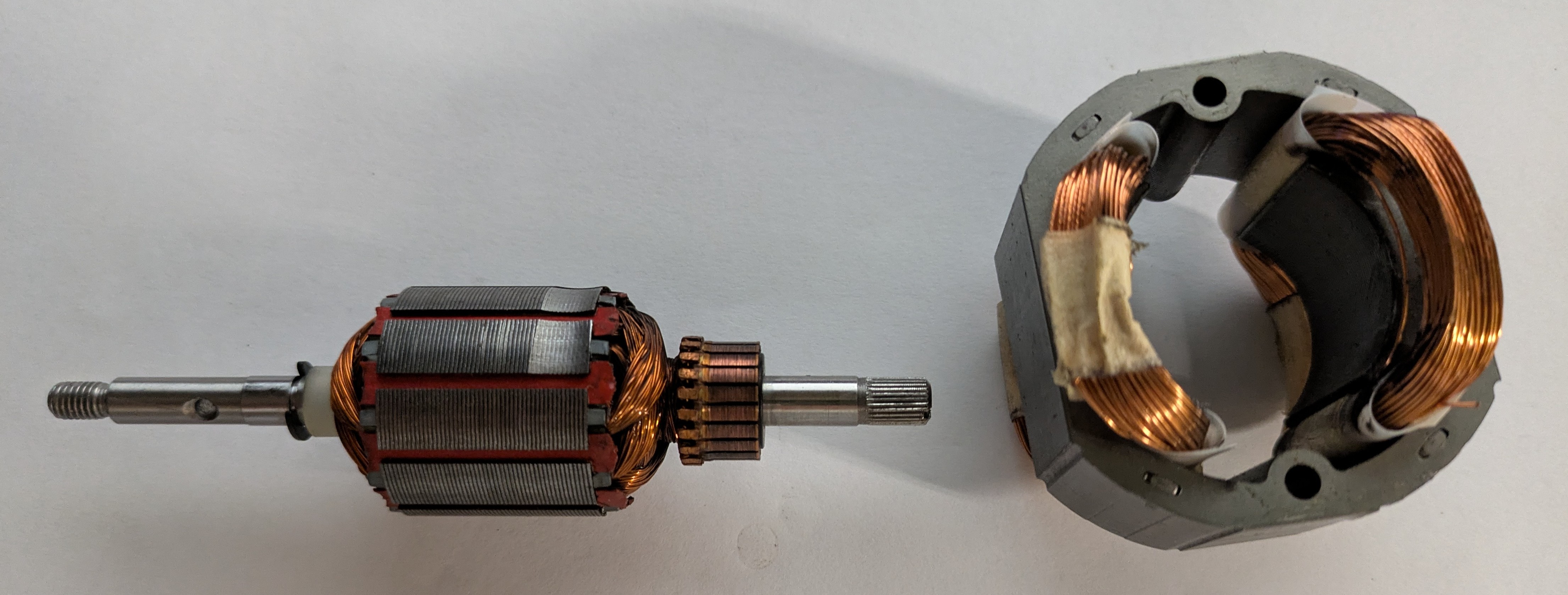 DC Motor rotor armature and commutator (left) and stator (right)
